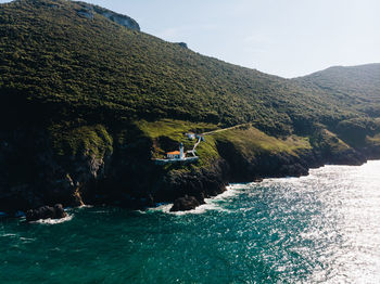 Scenic view of sea and mountains against sky