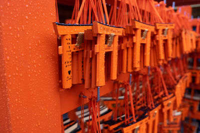 Close-up of bell hanging outside temple