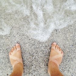 Low section of man legs on sand at beach