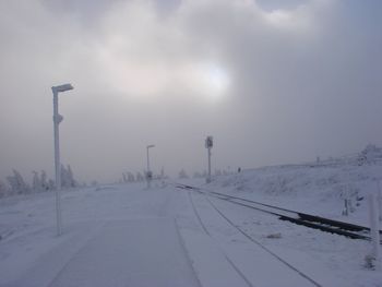 Snow covered field against sky