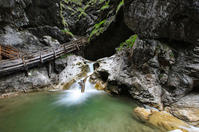 High angle view of stream amidst trees