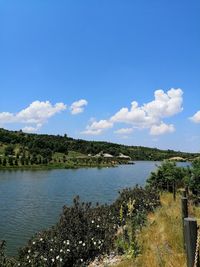 Scenic view of lake against blue sky