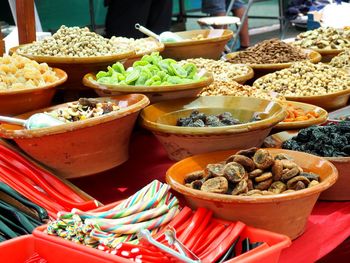 High angle view of dried fruits for sale in market