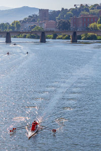 Sculling boat on the river arno in florence, italy