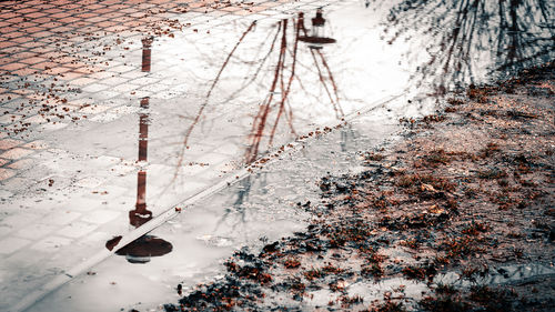 High angle view of reflective puddle 