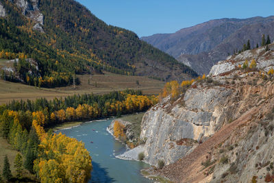 Scenic view of river amidst mountains against sky