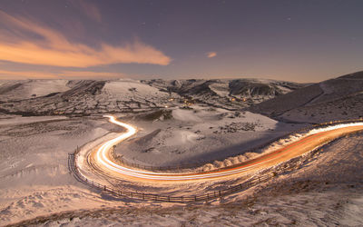 Aerial view of mountain road against sky during sunset