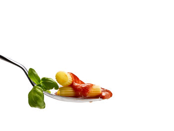 Close-up of red chili peppers against white background