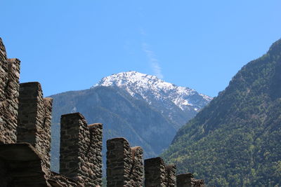 Panoramic shot of mountains against clear blue sky