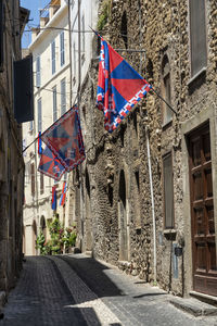 Flags hanging on street amidst buildings in city