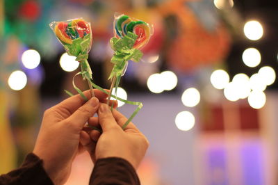 Close-up of hand holding illuminated plant