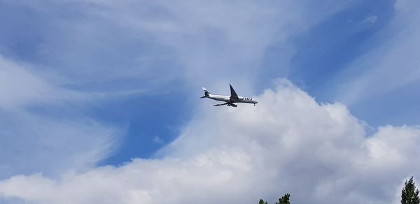 Low angle view of silhouette airplane against sky