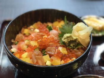 High angle view of chopped vegetables in bowl on table