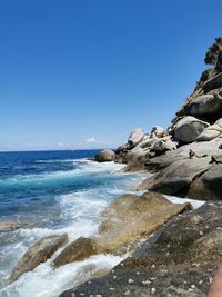 Scenic view of rocky beach against clear sky