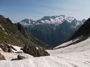 Scenic view of snowcapped mountains against sky