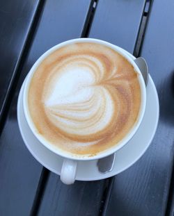 High angle view of cappuccino served on table