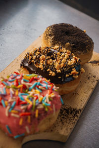 High angle view of dessert on cutting board