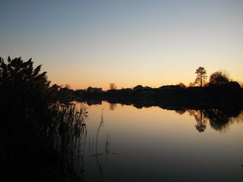 Reflection of trees in calm lake at sunset