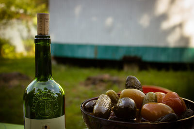 Close-up of beer bottles on table