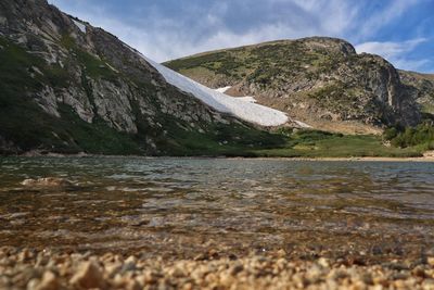 Scenic view of lake by mountains against sky