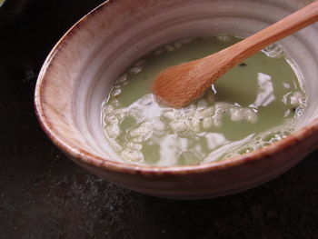 High angle view of soup in bowl