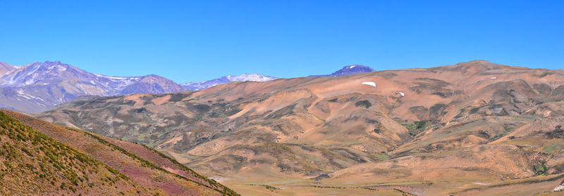 Scenic view of mountains against clear blue sky