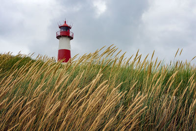 Lighthouse on field against sky