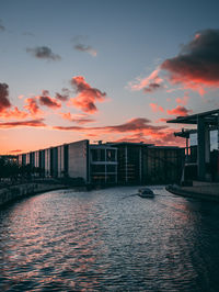 Scenic view of river against orange sky