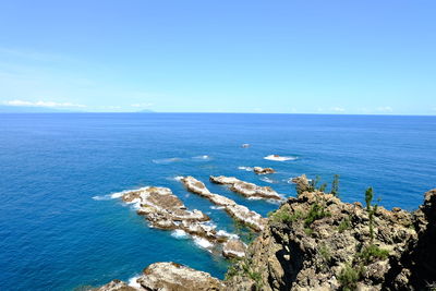 Scenic view of sea against blue sky