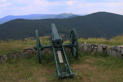 Horse cart on field by mountains against sky