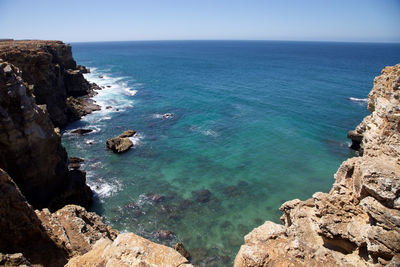 Scenic view of sea against clear blue sky