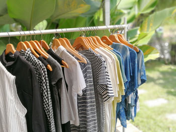Close-up of clothes rack against plants