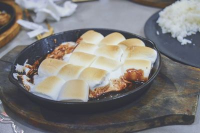 High angle view of smores in container on table