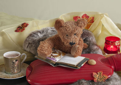 Stuffed toys with book and coffee cup at home