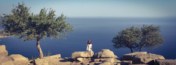 Rear view of woman standing by sea against sky