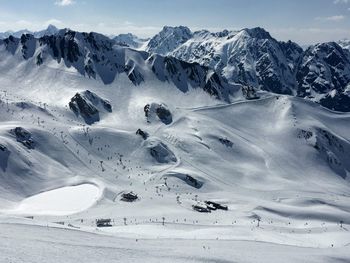 Scenic view of snow covered mountains against sky