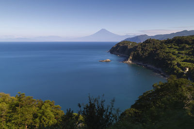 View of mount fuji on a peaceful morning from lover's cape, izu peninsula, japan