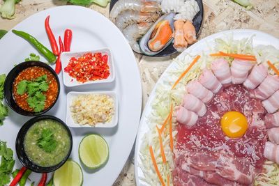 High angle view of meal served on table