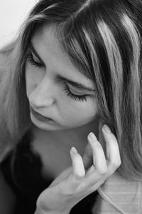 Closeup portrait young woman in studio