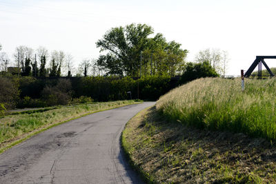 Road amidst trees on field against clear sky