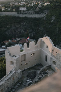 High angle view of old buildings in town