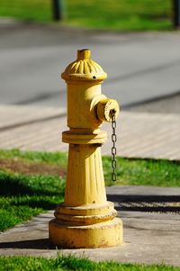 Close-up of fire hydrant on footpath in park