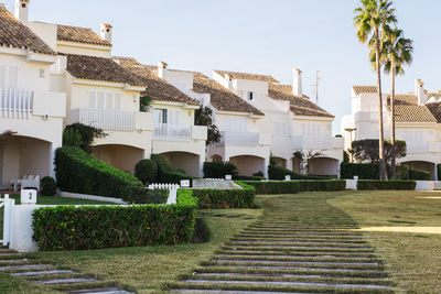 Footpath by palm trees and buildings against sky