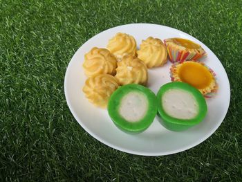 High angle view of salad in plate on table