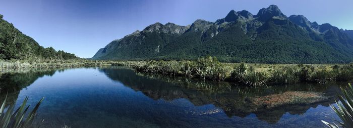 Panoramic view of lake against clear sky