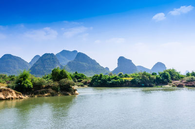 Scenic view of lake and mountains against sky