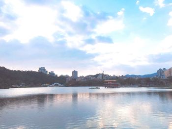 Scenic view of lake against cloudy sky