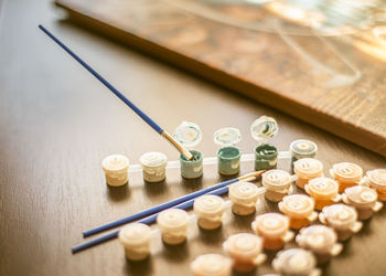 High angle view of objects on table