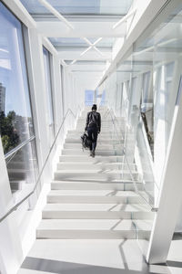 Rear view of woman walking on staircase in modern building