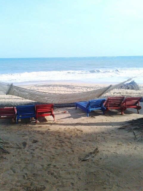 beach, sea, horizon over water, sand, shore, water, tranquility, tranquil scene, sky, clear sky, scenics, absence, deck chair, nature, copy space, beauty in nature, day, vacations, blue, summer